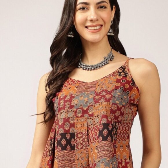 Maroon Multi-Coloured Peplum Crop Top – Scoop Neck, Sleeveless, 100% Cotton - Picture 2 of 6